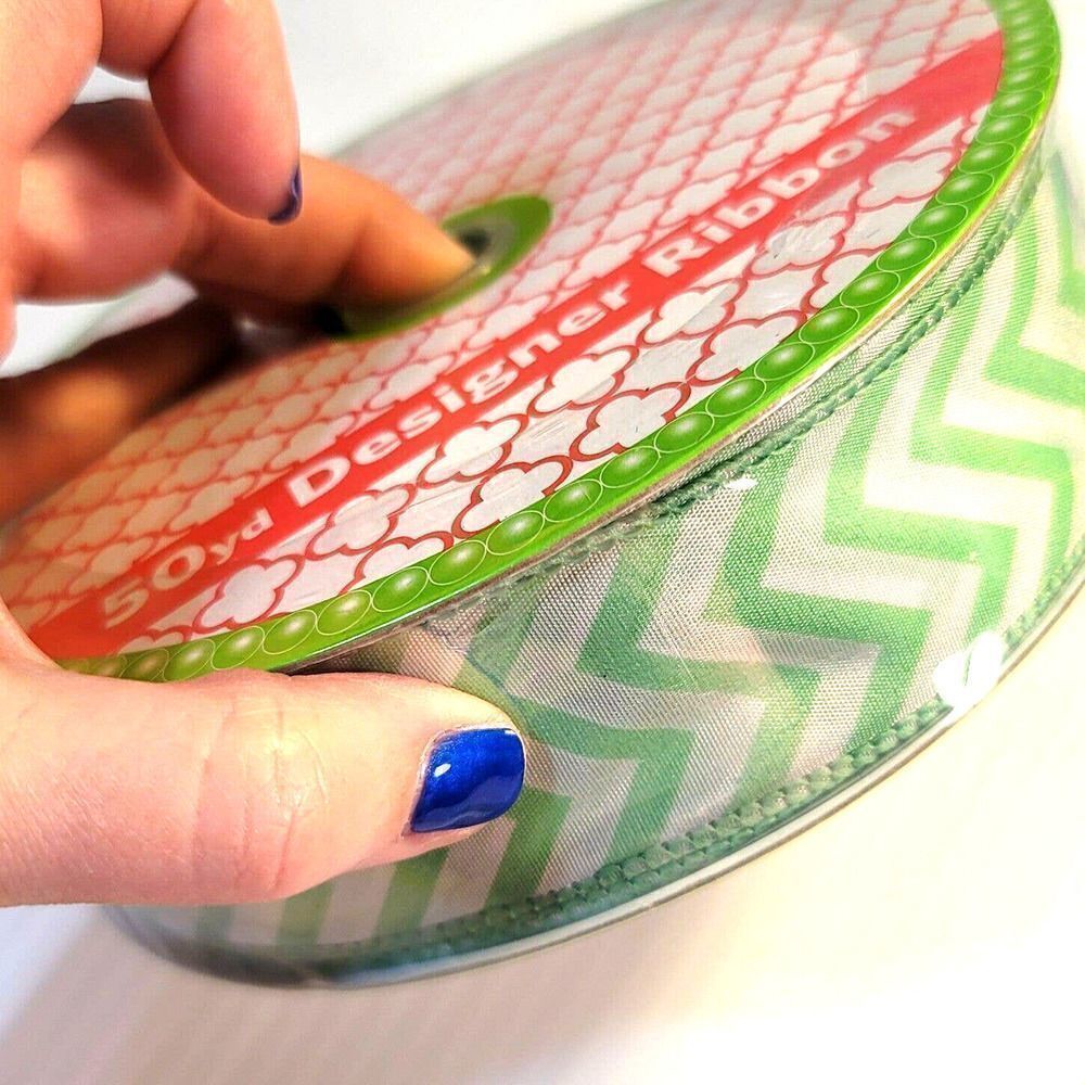 New Wired Designer Ribbon Green White Chevron